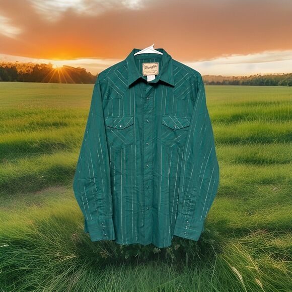 Vintage Wrangler Shirt Pearl Snap Striped Green Metallic Thread Western Men SZ L - Picture 1 of 7